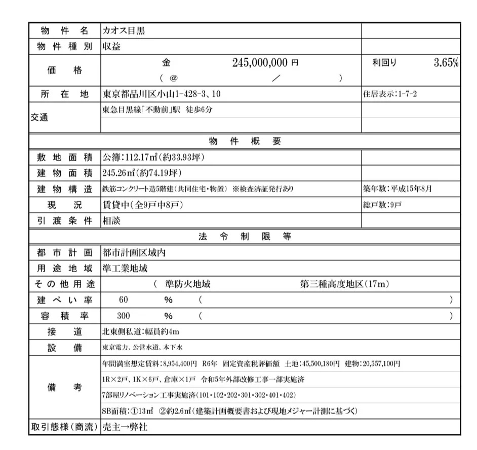 未公開　品川区小山　1棟収益